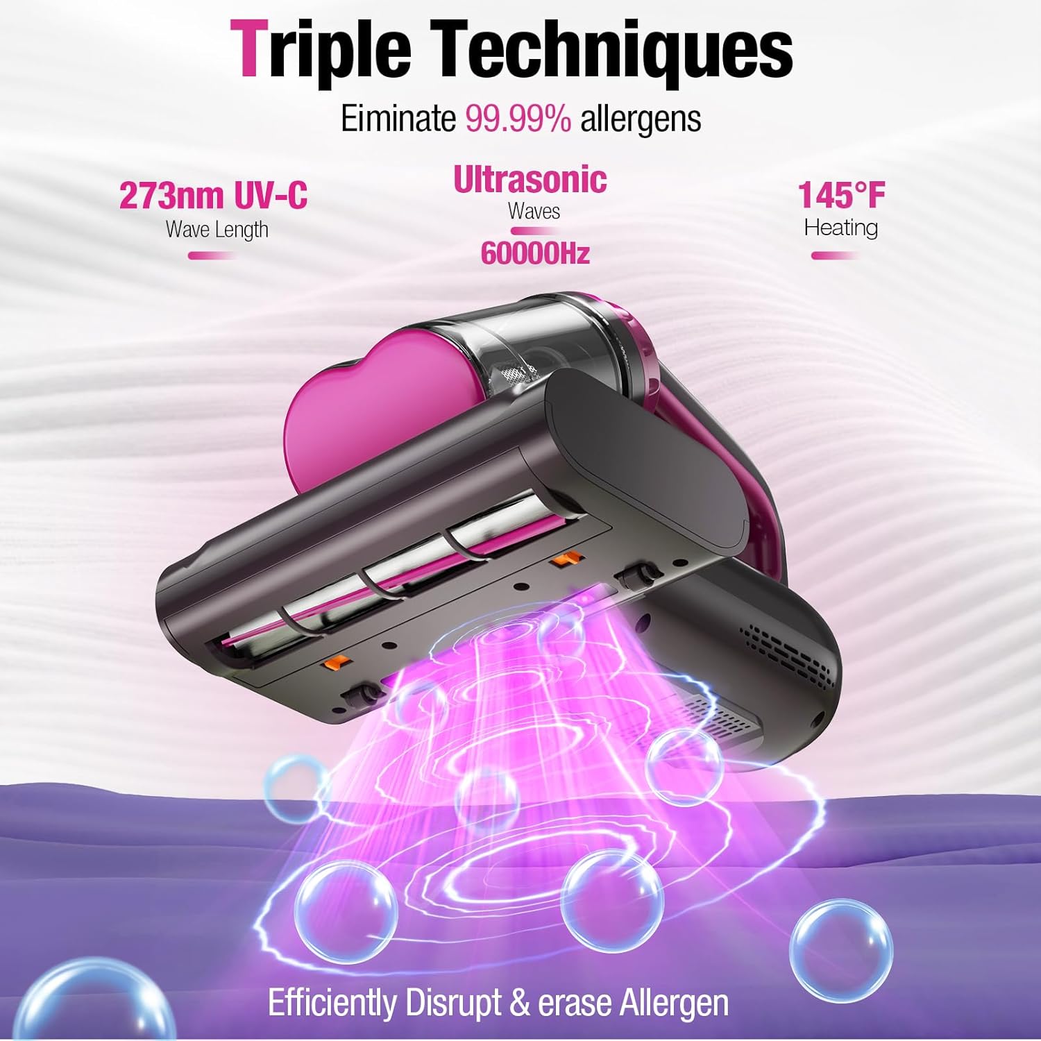 BYHUME Mattress Vacuum Cleaner, 17Kpa Bed Vacuum Cleaner, 273nm UV-C Light & Ultrasonic 145°F Heating, 80000 RPM/Min Brushroll Rotation, Wide Suction Port for Pillows Cribs Sofa, Black Corded detail 17