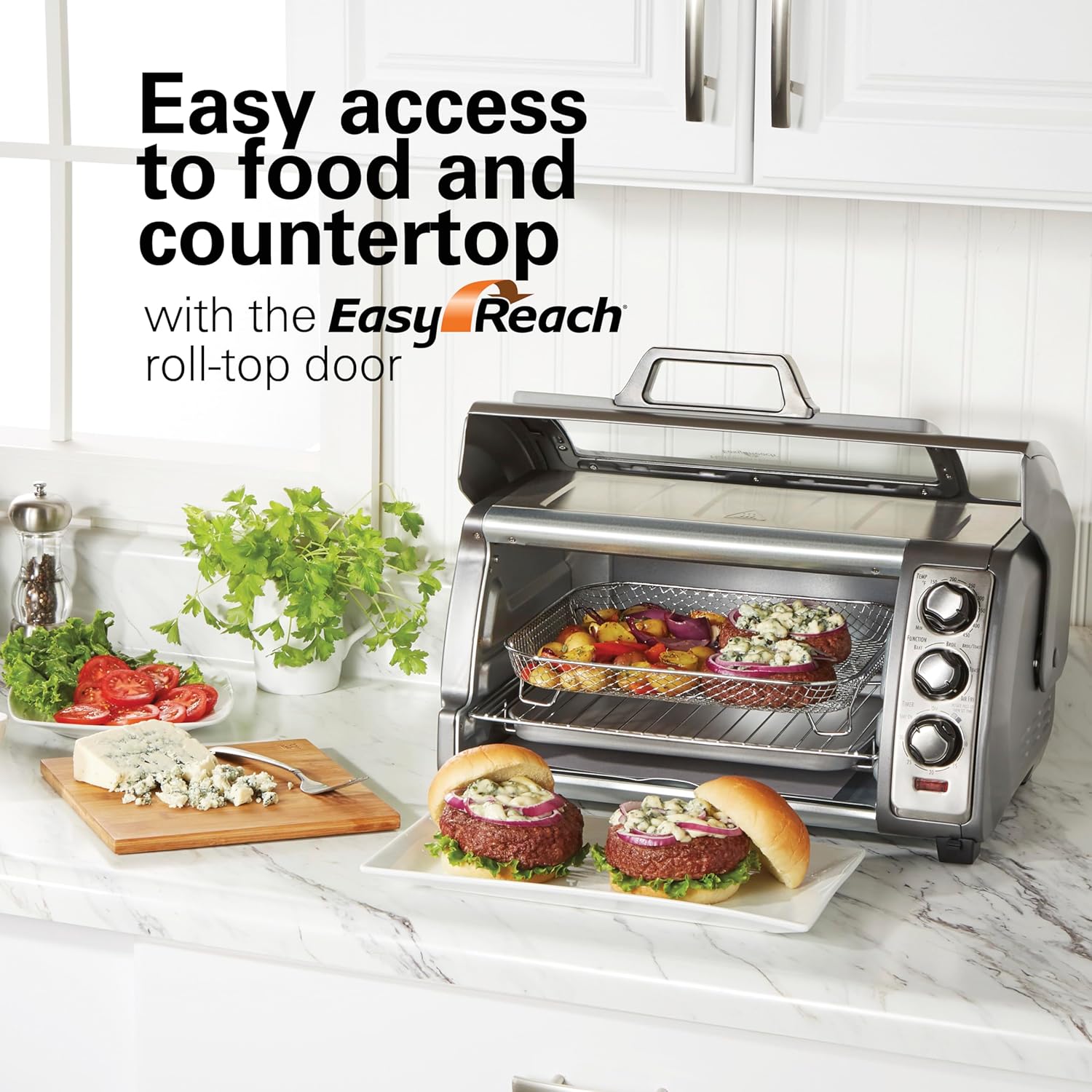 Hamilton Beach Air Fryer Toaster Oven Combo with Large Capacity, Fits 6 Slices or 12" Pizza, 4 Cooking Functions for Convection, Bake, Broil, Roll-Top Door, Easy Reach Sure-Crisp, Stainless Steel detail 13