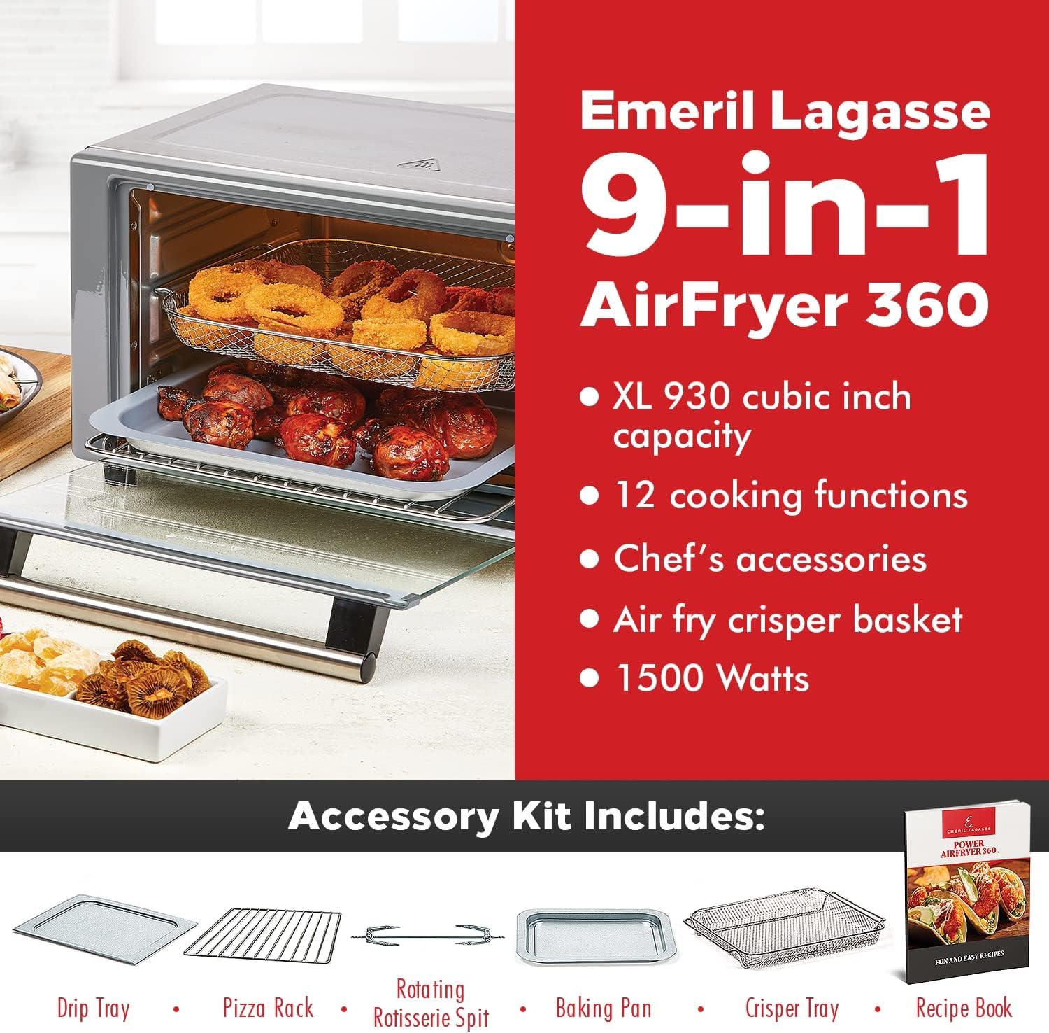 Emeril Lagasse Everyday 360 Stainless Steel Air Fryer, 360° Quick Cook Technology, XL capacity, 9-in-1, 12 Pre-Set Cooking Functions including Bake, Rotisserie, Broil, Pizza, Slow Cook, Toaster detail 8
