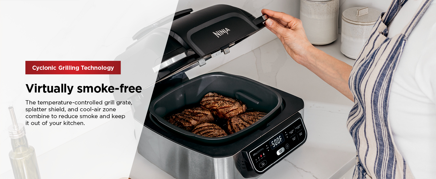 Ninja | Indoor Grill | Foodi | 5-in-1 (Grill, Air Fry, Roast, Bake, and Dehydrate | Fits up to 3lb Roast | Smoke Control System and Dishwasher Safe Parts| Black/Grey | AG301 detail 3