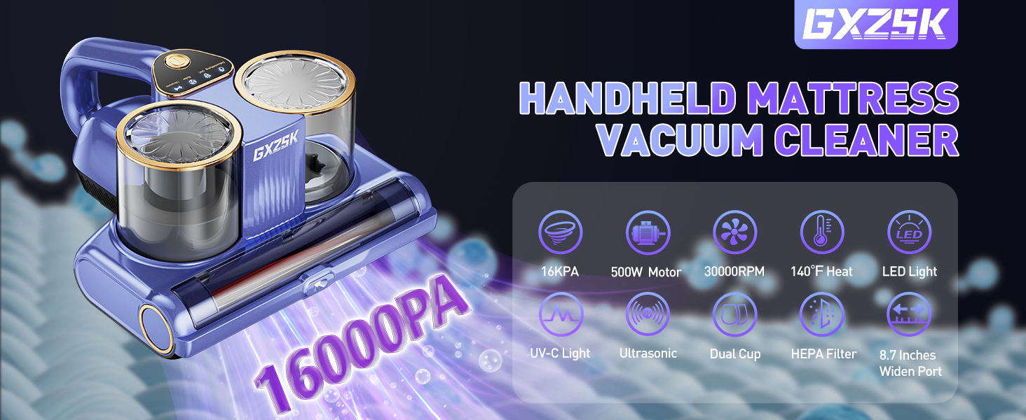 Mattress Vacuum Cleaner, 16kPa Bed Vacuum Cleaner with 253.7nm UV-C Light, Ultrasonic & 140℉ Heating, Dual Cup & Widen Suction Port Handheld Vacuums for Bed, Sofa, Couch, Crib (500W, Corded) detail 1