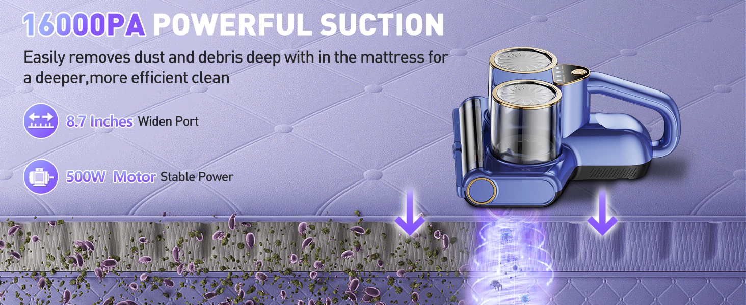 Mattress Vacuum Cleaner, 16kPa Bed Vacuum Cleaner with 253.7nm UV-C Light, Ultrasonic & 140℉ Heating, Dual Cup & Widen Suction Port Handheld Vacuums for Bed, Sofa, Couch, Crib (500W, Corded) detail 2