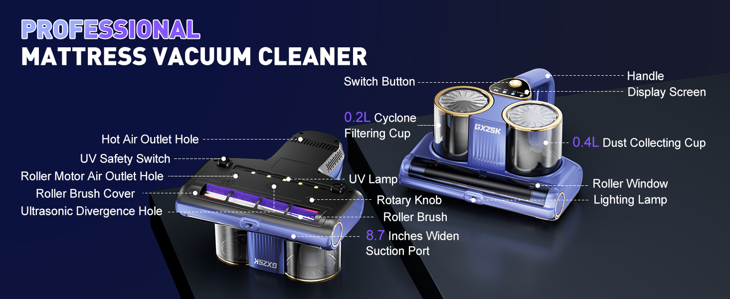 Mattress Vacuum Cleaner, 16kPa Bed Vacuum Cleaner with 253.7nm UV-C Light, Ultrasonic & 140℉ Heating, Dual Cup & Widen Suction Port Handheld Vacuums for Bed, Sofa, Couch, Crib (500W, Corded) detail 10