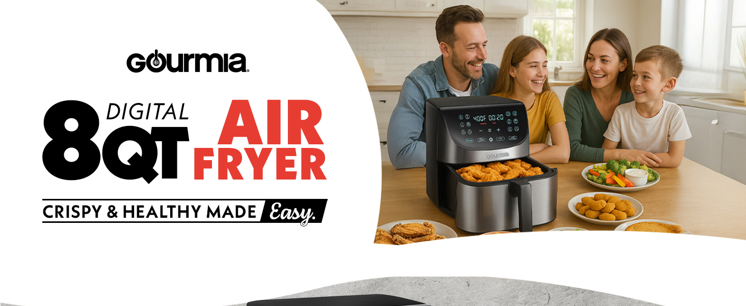 Gourmia Air Fryer - 8 Qt Extra Large Capacity, FryForce360º, Digital Display with 12 Presets, Roast, Bake, Broil, Dehydrate, Dishwasher Safe Accessories, Stainless Steel detail 1