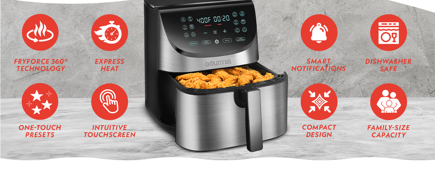 Gourmia Air Fryer - 8 Qt Extra Large Capacity, FryForce360º, Digital Display with 12 Presets, Roast, Bake, Broil, Dehydrate, Dishwasher Safe Accessories, Stainless Steel detail 2