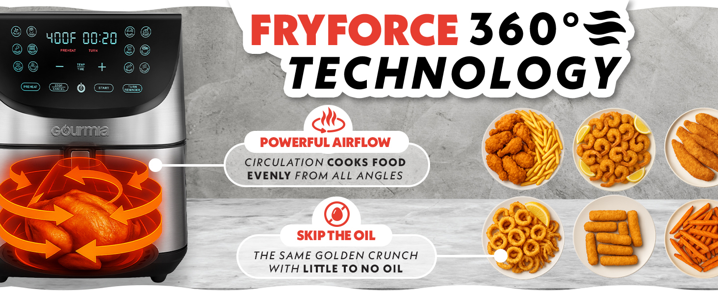 Gourmia Air Fryer - 8 Qt Extra Large Capacity, FryForce360º, Digital Display with 12 Presets, Roast, Bake, Broil, Dehydrate, Dishwasher Safe Accessories, Stainless Steel detail 4