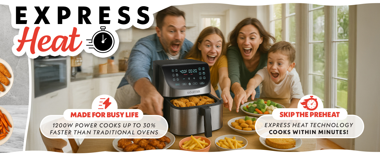 Gourmia Air Fryer - 8 Qt Extra Large Capacity, FryForce360º, Digital Display with 12 Presets, Roast, Bake, Broil, Dehydrate, Dishwasher Safe Accessories, Stainless Steel detail 5