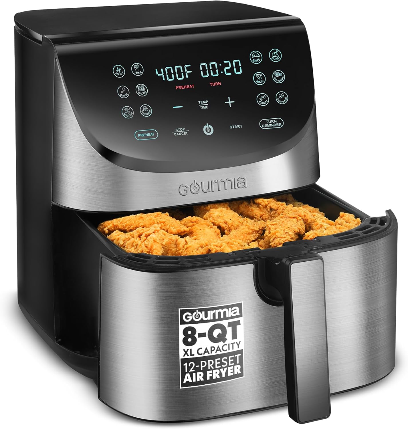 Gourmia Air Fryer - 8 Qt Extra Large Capacity, FryForce360º, Digital Display with 12 Presets, Roast, Bake, Broil, Dehydrate, Dishwasher Safe Accessories, Stainless Steel detail 10