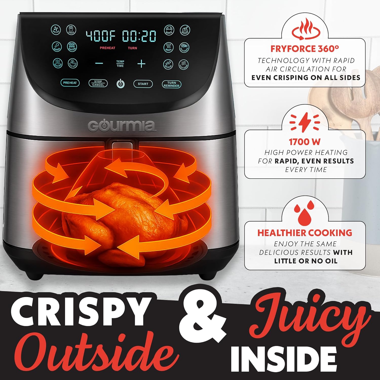 Gourmia Air Fryer - 8 Qt Extra Large Capacity, FryForce360º, Digital Display with 12 Presets, Roast, Bake, Broil, Dehydrate, Dishwasher Safe Accessories, Stainless Steel detail 14