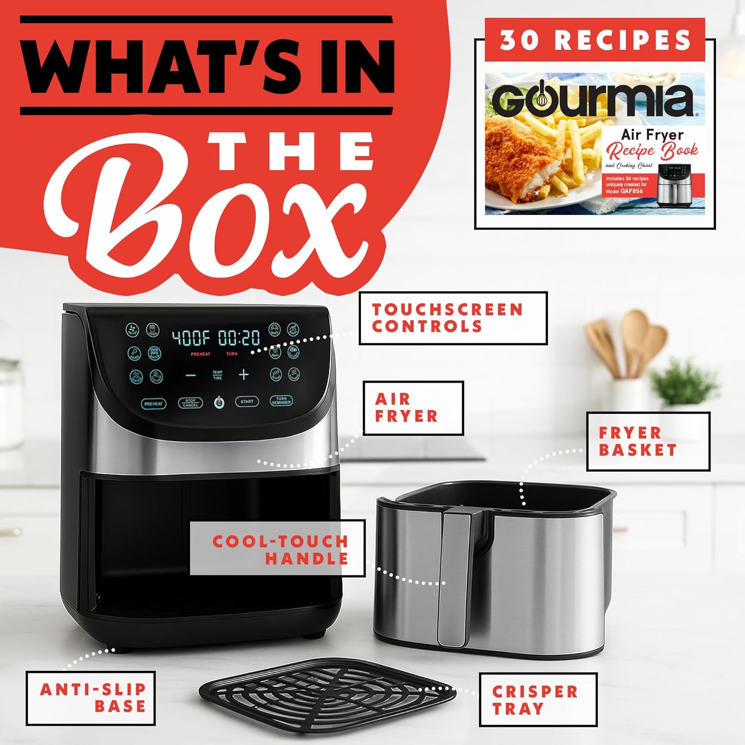 Gourmia Air Fryer - 8 Qt Extra Large Capacity, FryForce360º, Digital Display with 12 Presets, Roast, Bake, Broil, Dehydrate, Dishwasher Safe Accessories, Stainless Steel detail 16