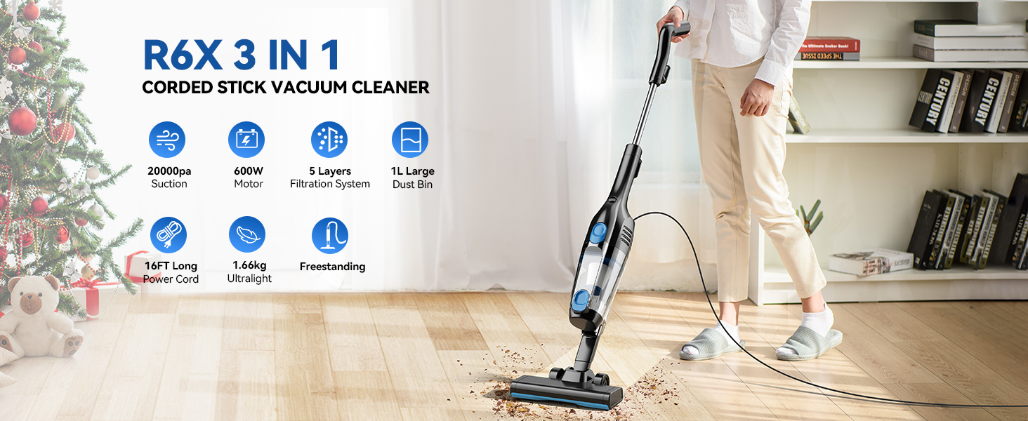 Vazone R6X Corded Stick Vacuum Cleaners for Home, 20Kpa Powerful Suction Stick Vacuum with 16Ft Cord, 2 in 1 Lightweight Handheld Vacuum Cleaner for Hardwood Floor Pet Hair detail 2