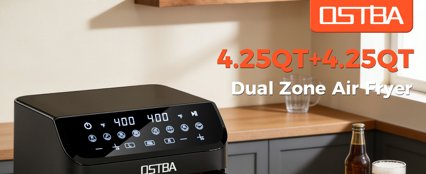 OSTBA 9.5QT Double Air Fryer, 1700W Dual Air Fryer with 2 Independent 4.25QT Stainless Steel Baskets, Digital Touchscreen, Sync Finish, 8 Presets, Auto Shutoff, Nonstick Dishwasher Safe detail 1