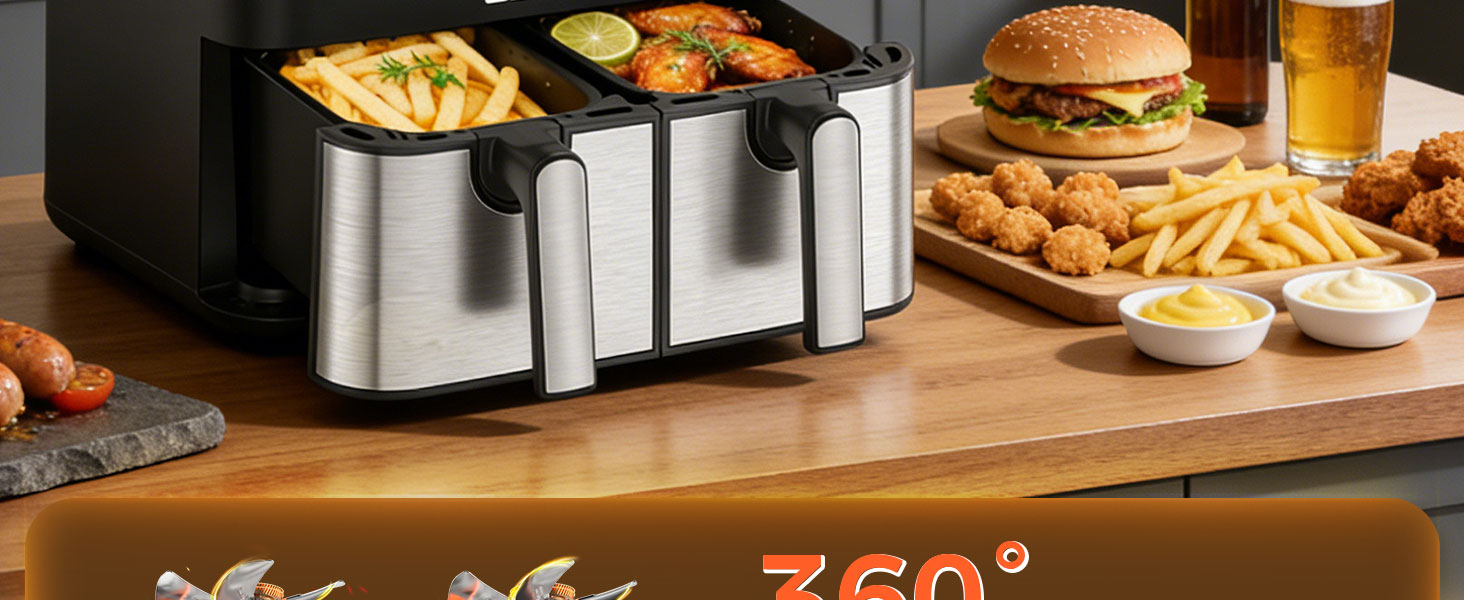 OSTBA 9.5QT Double Air Fryer, 1700W Dual Air Fryer with 2 Independent 4.25QT Stainless Steel Baskets, Digital Touchscreen, Sync Finish, 8 Presets, Auto Shutoff, Nonstick Dishwasher Safe detail 2