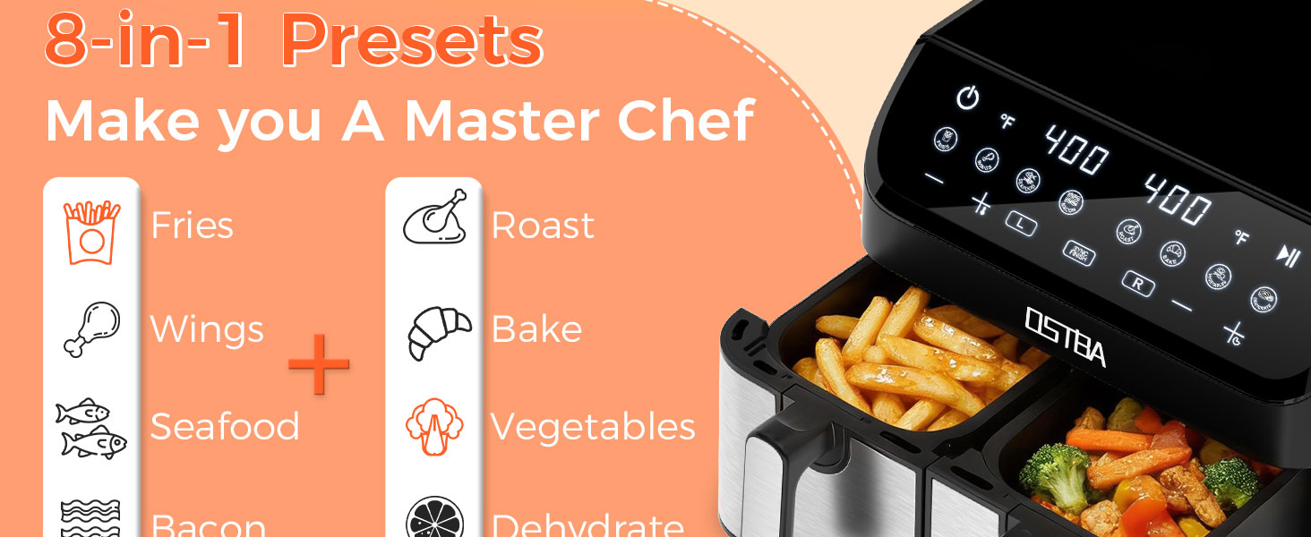 OSTBA 9.5QT Double Air Fryer, 1700W Dual Air Fryer with 2 Independent 4.25QT Stainless Steel Baskets, Digital Touchscreen, Sync Finish, 8 Presets, Auto Shutoff, Nonstick Dishwasher Safe detail 4