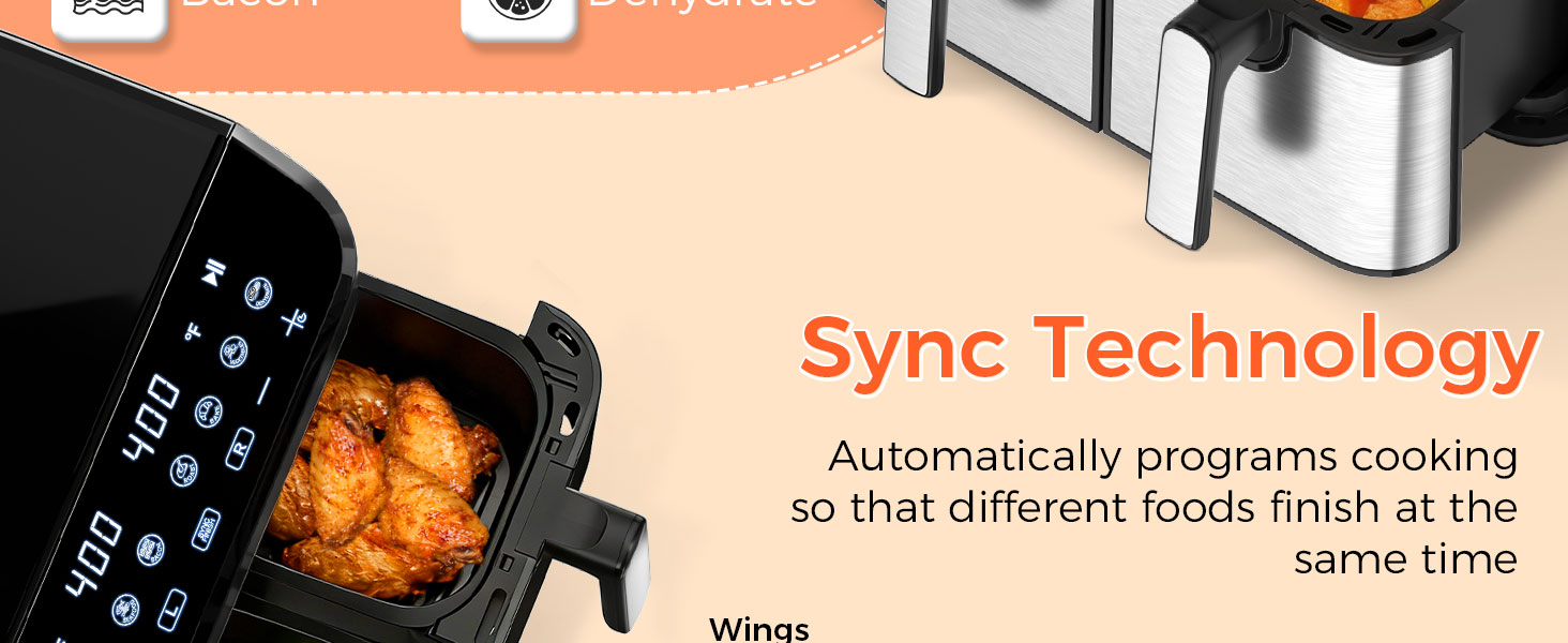 OSTBA 9.5QT Double Air Fryer, 1700W Dual Air Fryer with 2 Independent 4.25QT Stainless Steel Baskets, Digital Touchscreen, Sync Finish, 8 Presets, Auto Shutoff, Nonstick Dishwasher Safe detail 5