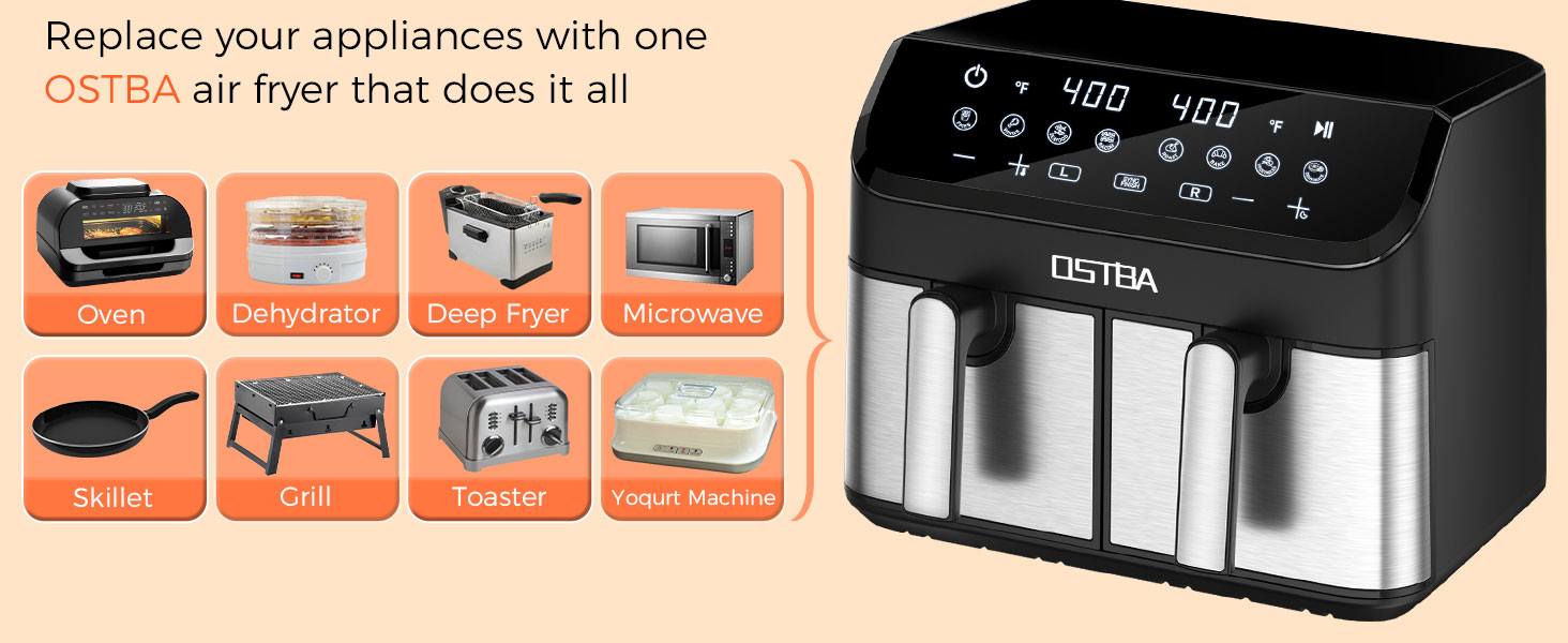 OSTBA 9.5QT Double Air Fryer, 1700W Dual Air Fryer with 2 Independent 4.25QT Stainless Steel Baskets, Digital Touchscreen, Sync Finish, 8 Presets, Auto Shutoff, Nonstick Dishwasher Safe detail 7