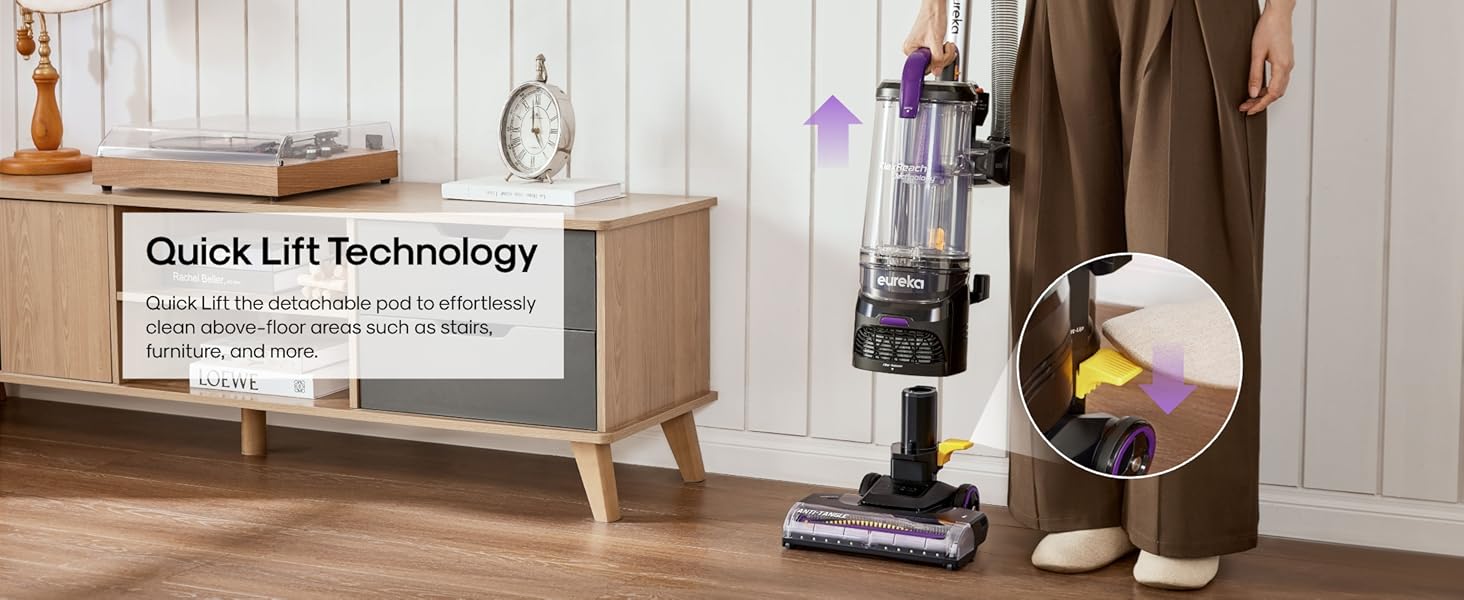 Eureka FlexReach Powerful Upright Vacuum Cleaner for Carpet and Hard Floor, Lift-Up Vacuum with Large Dust Cup, Anti-Tangle, NEU651PL, Purple detail 1