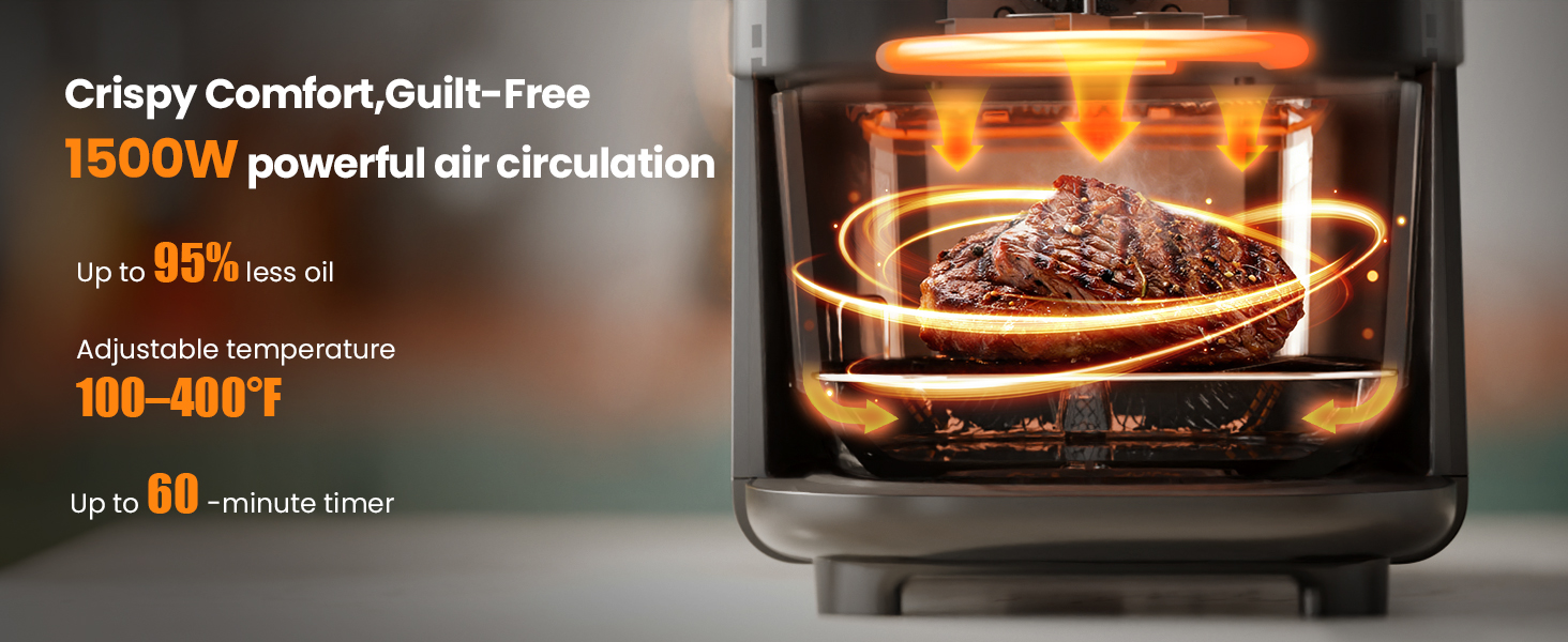 Kismile 5QT Glass Air Fryer, BPA-Free Non Toxic AirFryer with Digital Touch Control, 1500W Portable Airfryer, Dishwasher Safe Basket, Up to 400°F, Cooks with 95% Less Oil(Black) detail 8