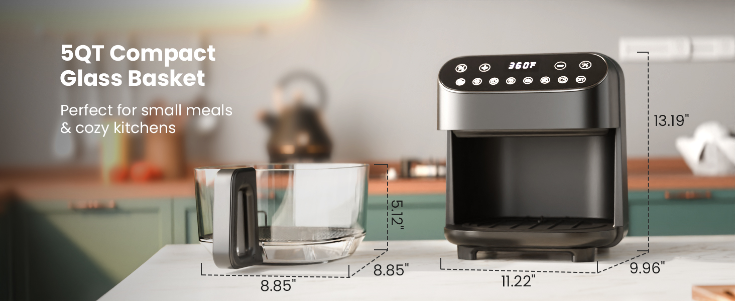 Kismile 5QT Glass Air Fryer, BPA-Free Non Toxic AirFryer with Digital Touch Control, 1500W Portable Airfryer, Dishwasher Safe Basket, Up to 400°F, Cooks with 95% Less Oil(Black) detail 9