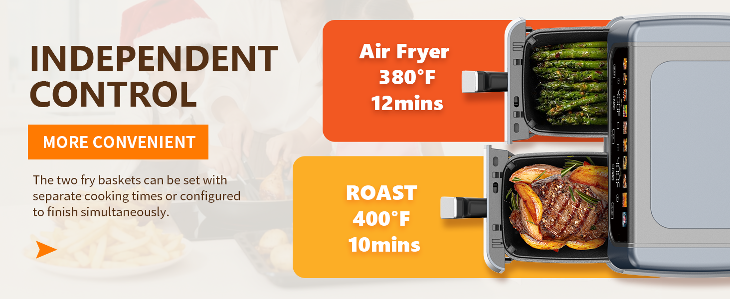 DUMOS 10-in-1 Air Fryer 9.5 QT, Large Airfryer with with 2 Independent Frying Baskets, Sync Finish & Match Cook, Shake Reminder, Wide Temperature 80-450°F, Roast Bake Defrost Dehydrate, Grey detail 1
