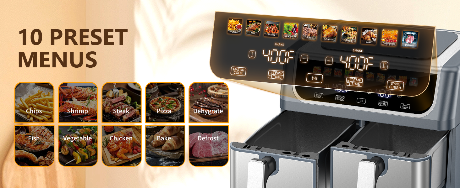 DUMOS 10-in-1 Air Fryer 9.5 QT, Large Airfryer with with 2 Independent Frying Baskets, Sync Finish & Match Cook, Shake Reminder, Wide Temperature 80-450°F, Roast Bake Defrost Dehydrate, Grey detail 2
