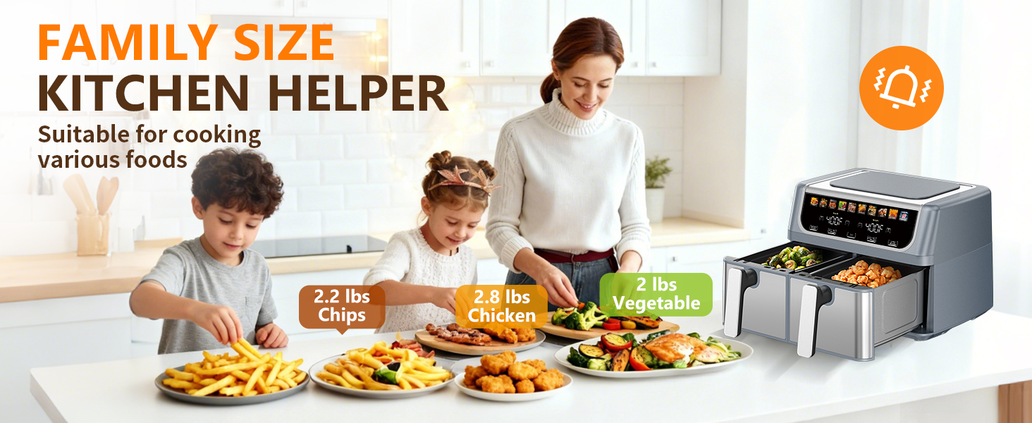 DUMOS 10-in-1 Air Fryer 9.5 QT, Large Airfryer with with 2 Independent Frying Baskets, Sync Finish & Match Cook, Shake Reminder, Wide Temperature 80-450°F, Roast Bake Defrost Dehydrate, Grey detail 3