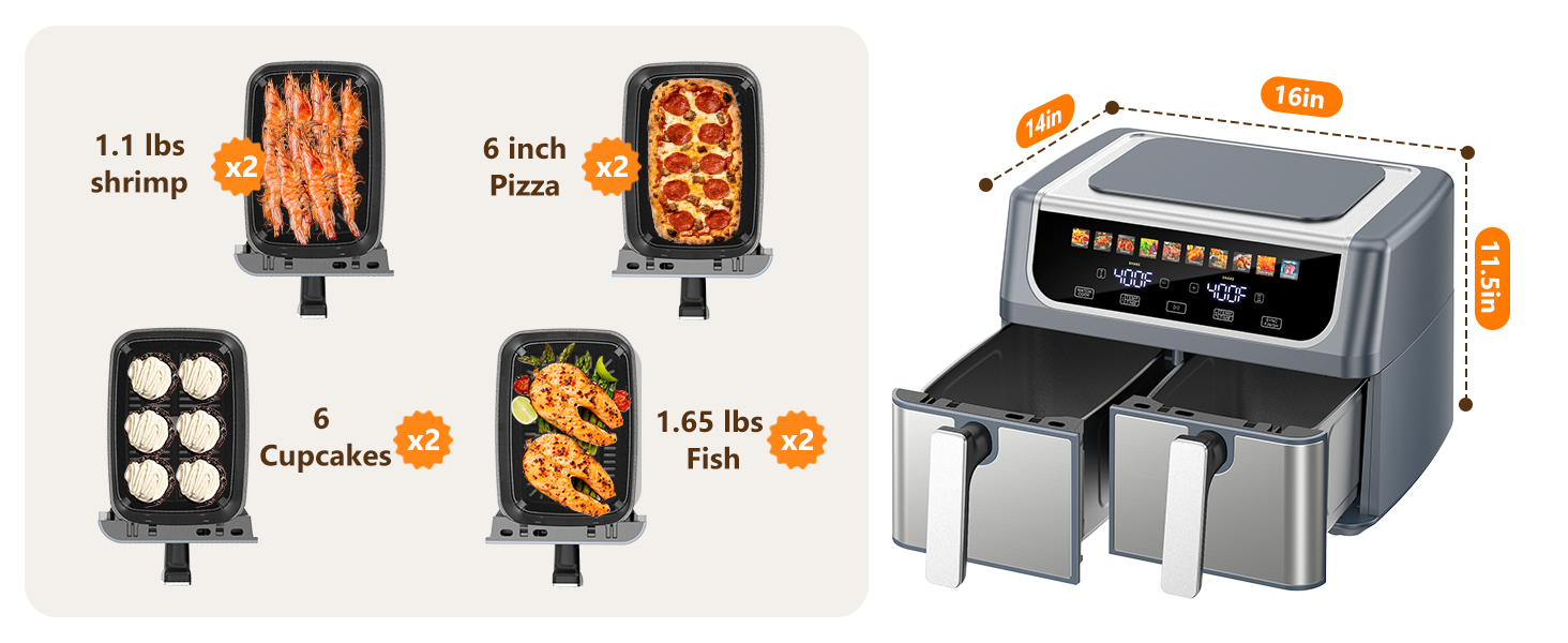 DUMOS 10-in-1 Air Fryer 9.5 QT, Large Airfryer with with 2 Independent Frying Baskets, Sync Finish & Match Cook, Shake Reminder, Wide Temperature 80-450°F, Roast Bake Defrost Dehydrate, Grey detail 5
