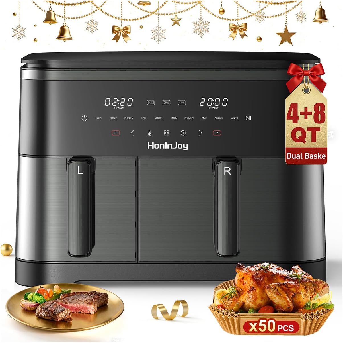 12QT Large Dual Basket Air Fryer with Viewing Window and 50pcs Paper Liners, 10-in-1 Digital Touchscreen Double Zone Air Fryers, SyncCook to Bake,Roast,Reheat,Broil, Nonstick Dishwasher Safe detail 9