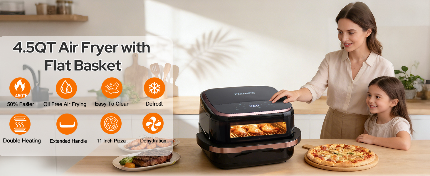4.5QT Air Fryer Pizza Oven with 11 Presets, Air Fryers with Dual Heating & 360° Airflow | Viewing Window | Touch Display, Nonstick Airfryer for Roast, Bake, Dehydrate, Microwave, Reheat & More detail 1