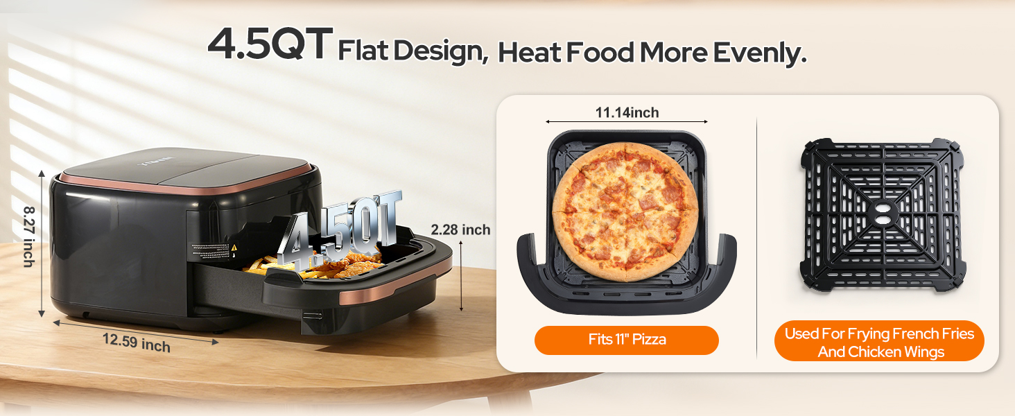 4.5QT Air Fryer Pizza Oven with 11 Presets, Air Fryers with Dual Heating & 360° Airflow | Viewing Window | Touch Display, Nonstick Airfryer for Roast, Bake, Dehydrate, Microwave, Reheat & More detail 4