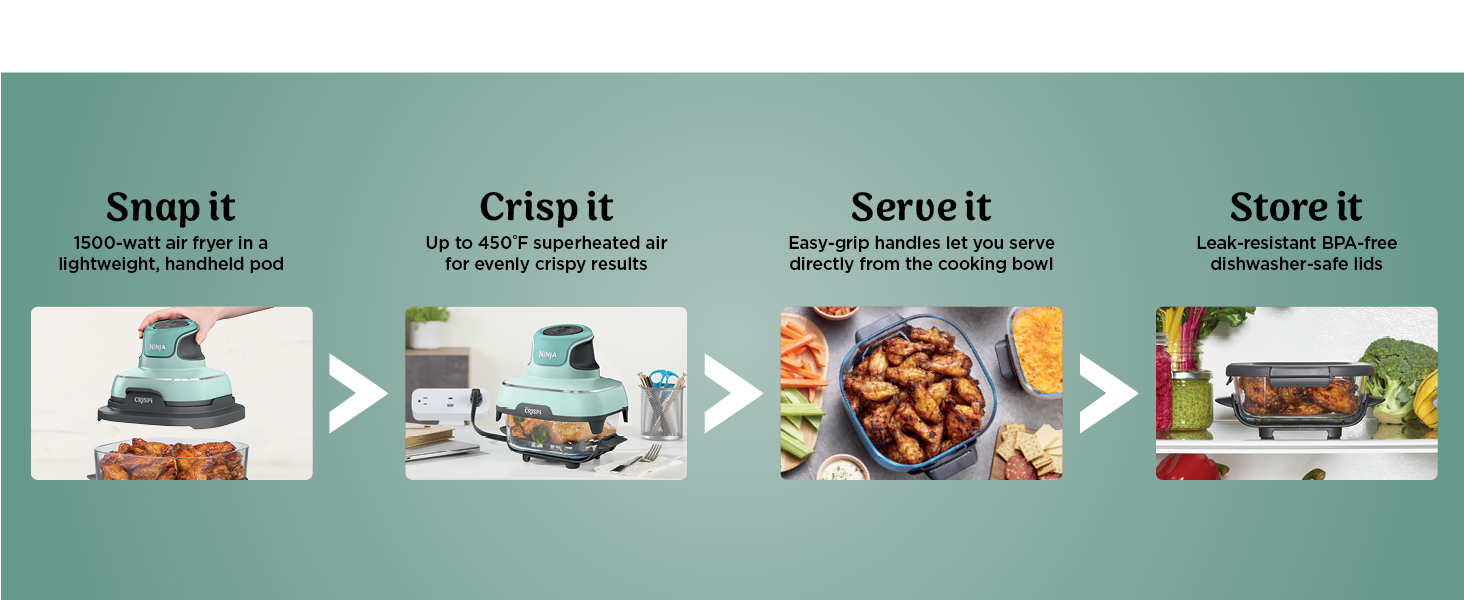 Ninja Crispi 4-in-1 Glass Air Fryer | 450°F | Non-Toxic | 4QT & 6-Cup Glass Containers w/Lids | Microwave, Freezer, Dishwasher Safe | Max Crisp, Air Fry, Bake, Recrisp | Mint | FN101MT detail 12
