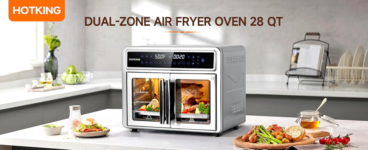 HotKing Dual-Zone Air Fryer Toaster Oven Combo, 28 QT Extra Large, Non Toxic Stainless Steel Convection Oven with French Door, Countertop Airfryer with Window, Racks, Rotisserie, Dehydrator, ETL Rated detail 1