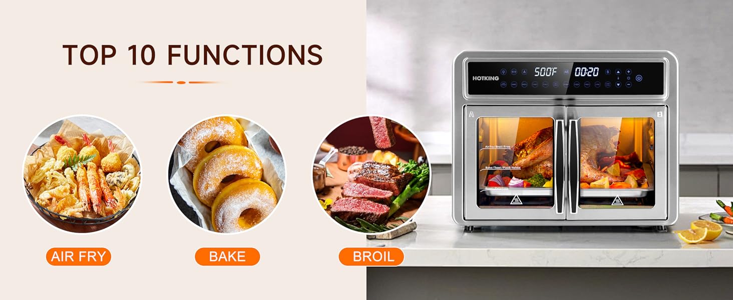 HotKing Dual-Zone Air Fryer Toaster Oven Combo, 28 QT Extra Large, Non Toxic Stainless Steel Convection Oven with French Door, Countertop Airfryer with Window, Racks, Rotisserie, Dehydrator, ETL Rated detail 2