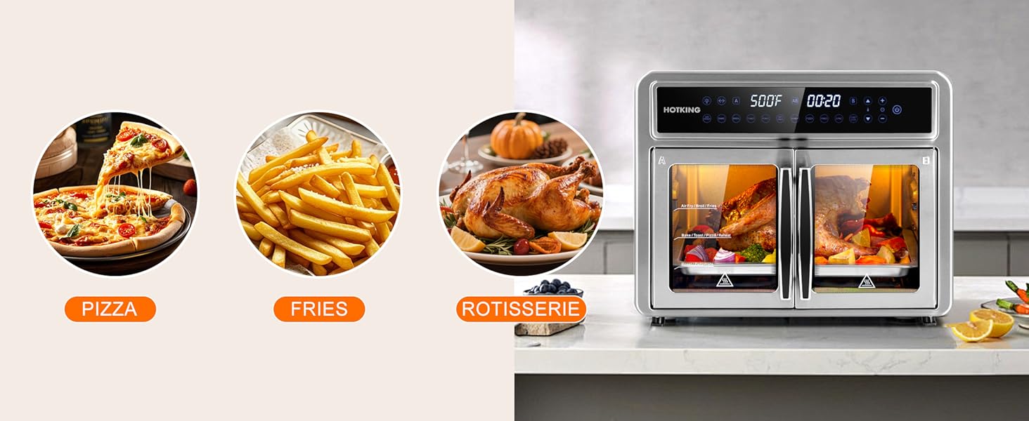 HotKing Dual-Zone Air Fryer Toaster Oven Combo, 28 QT Extra Large, Non Toxic Stainless Steel Convection Oven with French Door, Countertop Airfryer with Window, Racks, Rotisserie, Dehydrator, ETL Rated detail 3