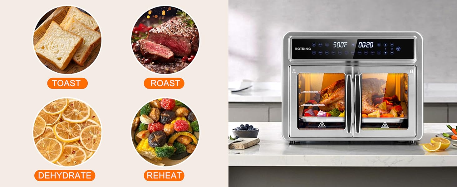 HotKing Dual-Zone Air Fryer Toaster Oven Combo, 28 QT Extra Large, Non Toxic Stainless Steel Convection Oven with French Door, Countertop Airfryer with Window, Racks, Rotisserie, Dehydrator, ETL Rated detail 4
