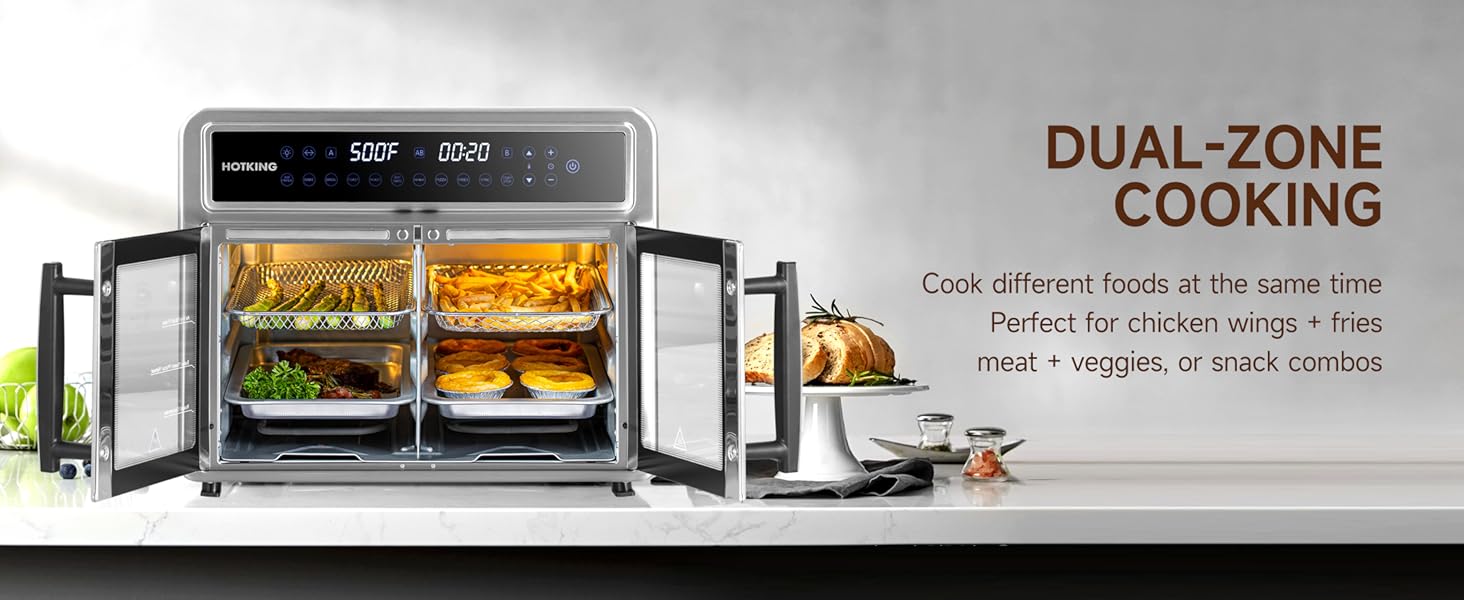 HotKing Dual-Zone Air Fryer Toaster Oven Combo, 28 QT Extra Large, Non Toxic Stainless Steel Convection Oven with French Door, Countertop Airfryer with Window, Racks, Rotisserie, Dehydrator, ETL Rated detail 6