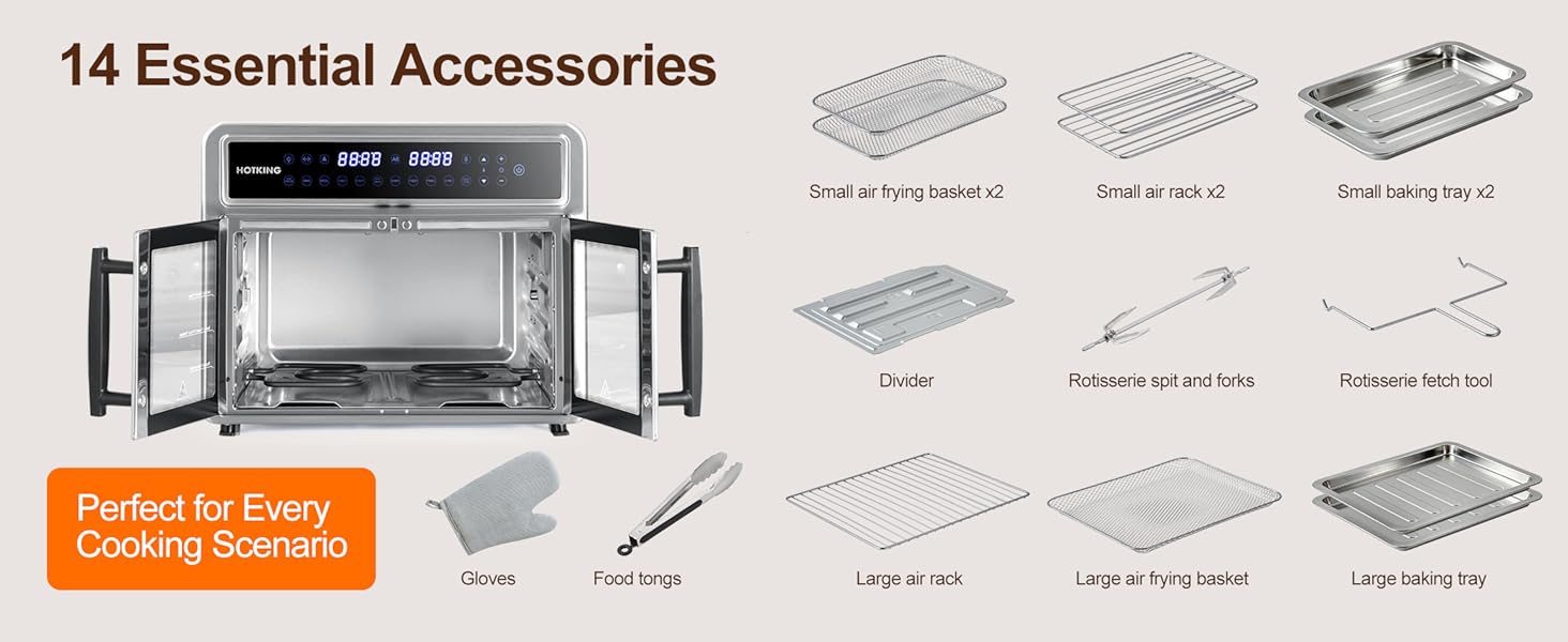 HotKing Dual-Zone Air Fryer Toaster Oven Combo, 28 QT Extra Large, Non Toxic Stainless Steel Convection Oven with French Door, Countertop Airfryer with Window, Racks, Rotisserie, Dehydrator, ETL Rated detail 10