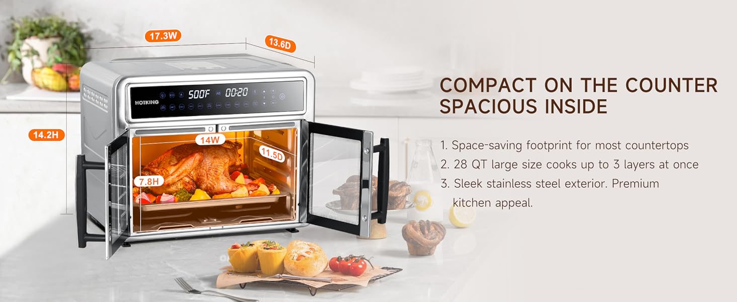 HotKing Dual-Zone Air Fryer Toaster Oven Combo, 28 QT Extra Large, Non Toxic Stainless Steel Convection Oven with French Door, Countertop Airfryer with Window, Racks, Rotisserie, Dehydrator, ETL Rated detail 11