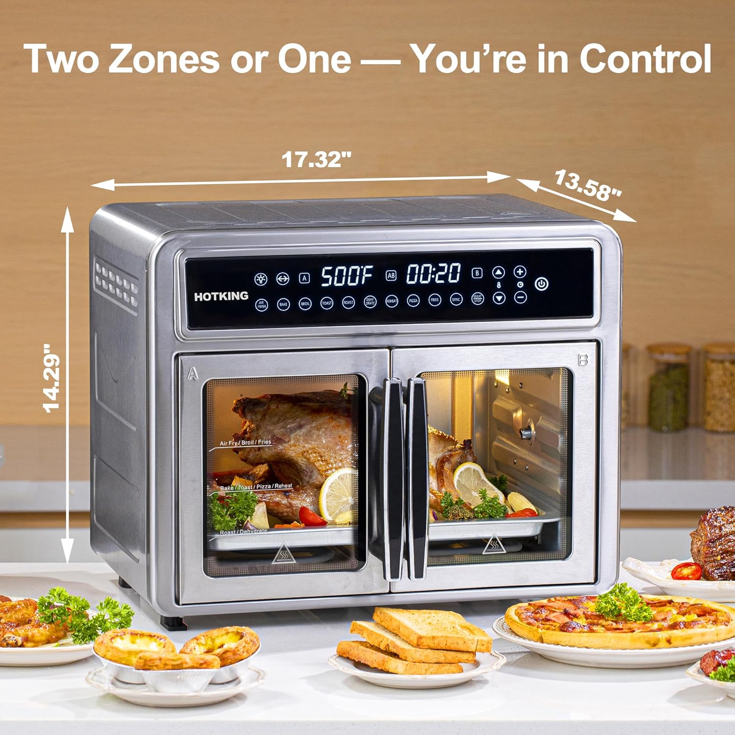 HotKing Dual-Zone Air Fryer Toaster Oven Combo, 28 QT Extra Large, Non Toxic Stainless Steel Convection Oven with French Door, Countertop Airfryer with Window, Racks, Rotisserie, Dehydrator, ETL Rated detail 13