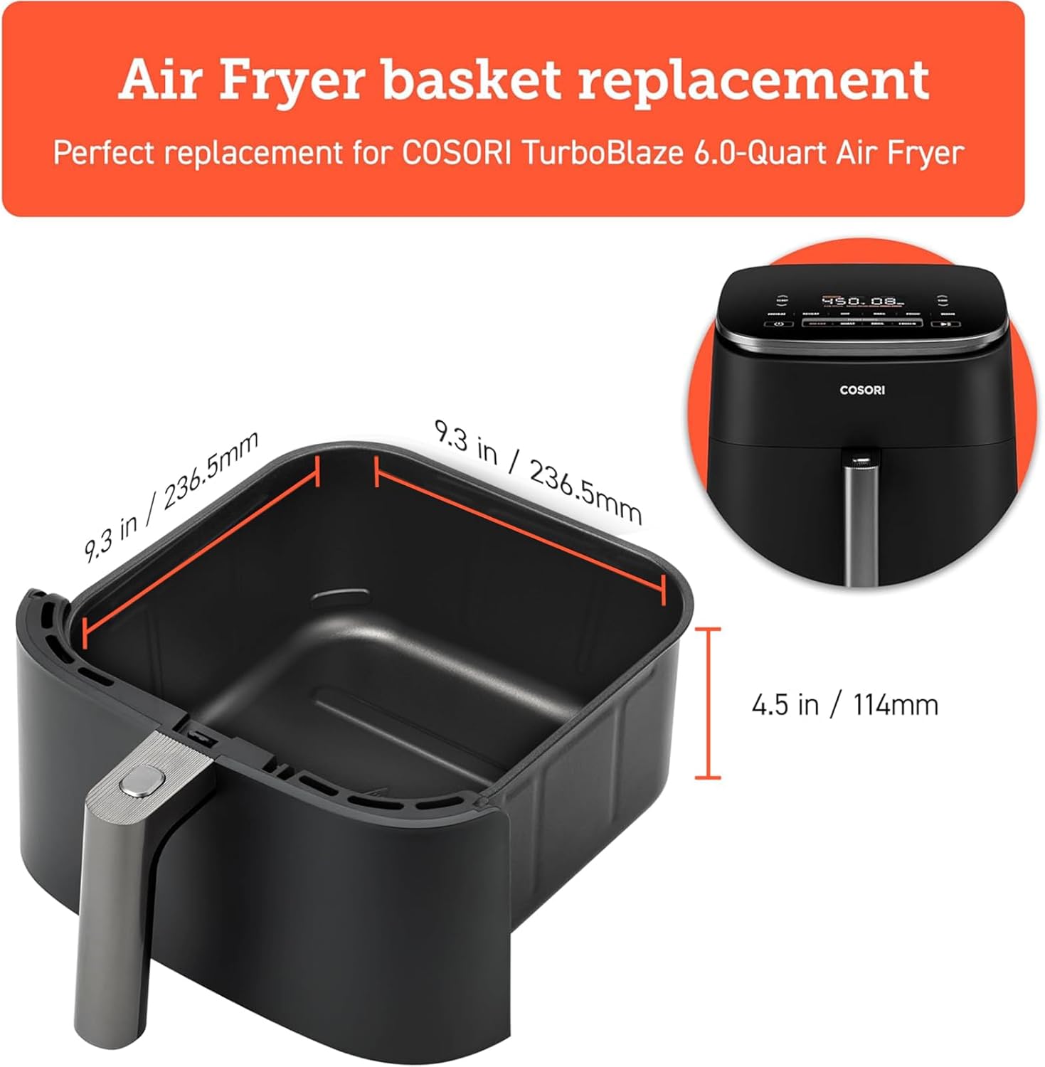 Cosori Turboblaze 6Qt Air Fryer Original Basket, Replacement Accessories for CAF-DC601-KUS Air Fryer, Ceramic, Non-Stick, Dishwasher-Safe, CRP-DC601RB-KUS, Dark Grey detail 2