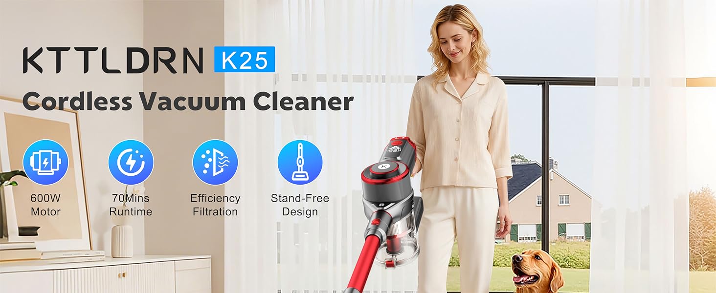 Cordless Vacuum Cleaner, 650W 55KPa Powerful Stick Vacuum, 70-Min Runtime, Self-Standing, Anti-Tangle Brush, OLED Display, Vacuum for Carpet, Hardwood Floors & Pet Hair detail 1
