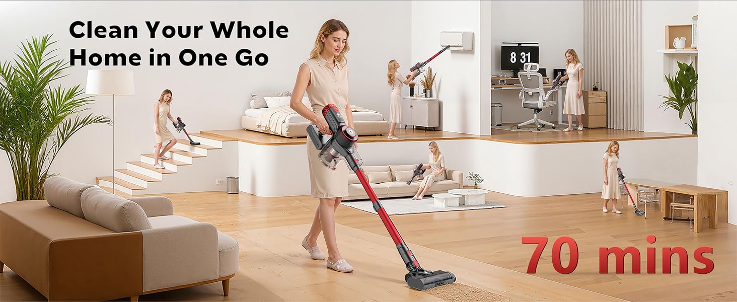 Cordless Vacuum Cleaner, 650W 55KPa Powerful Stick Vacuum, 70-Min Runtime, Self-Standing, Anti-Tangle Brush, OLED Display, Vacuum for Carpet, Hardwood Floors & Pet Hair detail 6