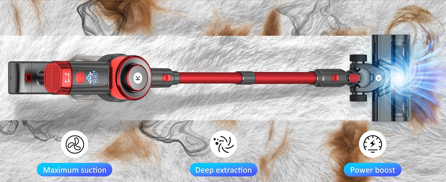 Cordless Vacuum Cleaner, 650W 55KPa Powerful Stick Vacuum, 70-Min Runtime, Self-Standing, Anti-Tangle Brush, OLED Display, Vacuum for Carpet, Hardwood Floors & Pet Hair detail 9