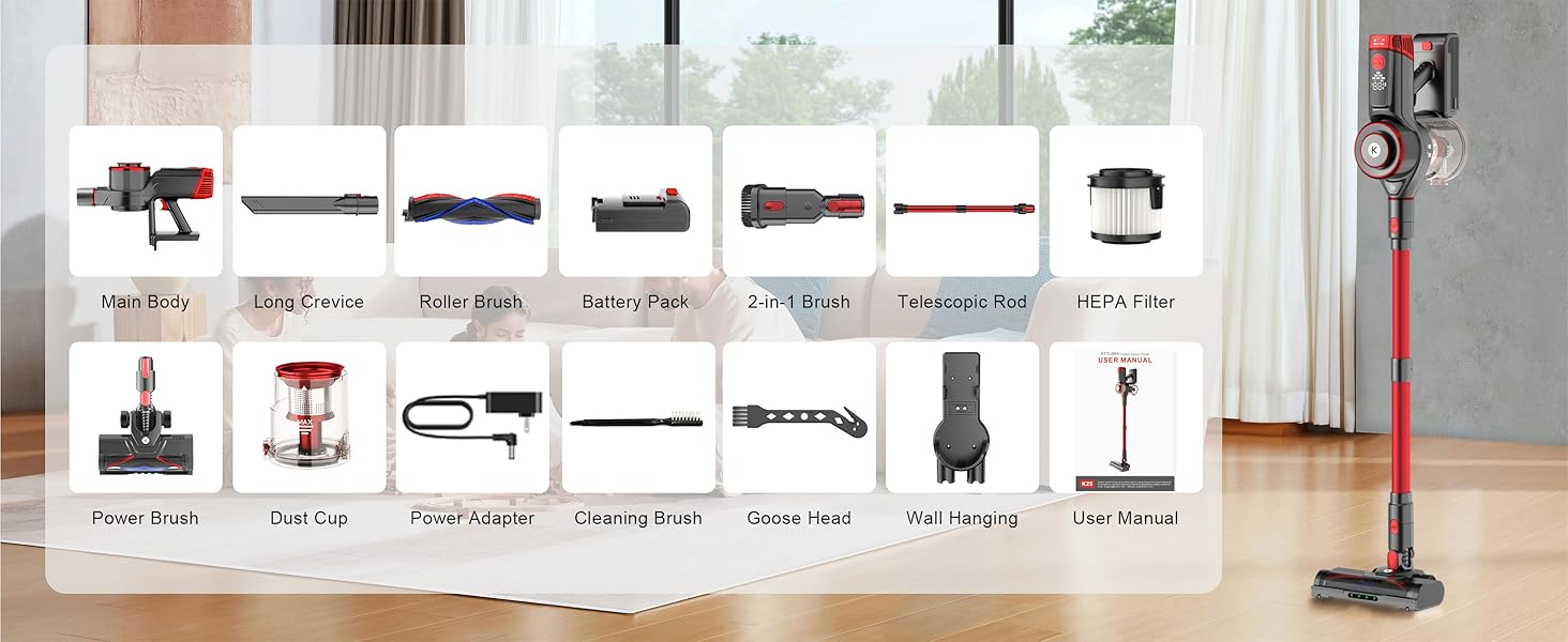 Cordless Vacuum Cleaner, 650W 55KPa Powerful Stick Vacuum, 70-Min Runtime, Self-Standing, Anti-Tangle Brush, OLED Display, Vacuum for Carpet, Hardwood Floors & Pet Hair detail 13