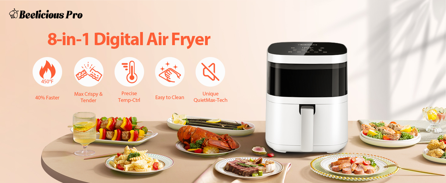 Air Fryer, Beelicious 8-in-1 Smart Compact 4QT Air Fryers with Viewing Window, Shake Reminder, 450°F Digital Airfryer with Flavor-Lock Tech, Dishwasher-Safe & Nonstick, Fit for 1-3 People, White detail 1