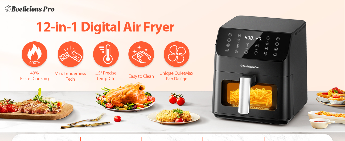 Beelicious Large Air Fryer, 12-in-1 Digital Airfryer with Window, 5.8Qt, 40+ Recipes, Flavor-Lock Tech, Dishwasher Safe,Shake Reminder, Compact, Quiet, Nonstick Air Fryers. Black detail 1