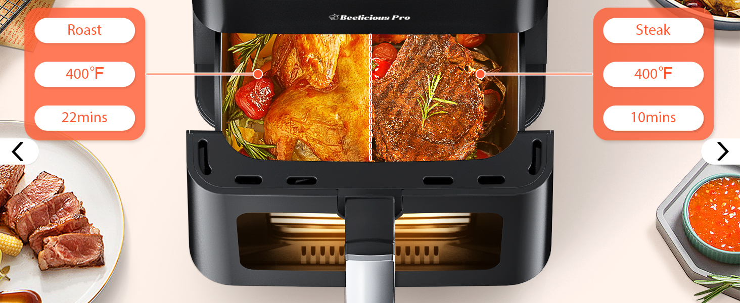 Beelicious Large Air Fryer, 12-in-1 Digital Airfryer with Window, 5.8Qt, 40+ Recipes, Flavor-Lock Tech, Dishwasher Safe,Shake Reminder, Compact, Quiet, Nonstick Air Fryers. Black detail 3