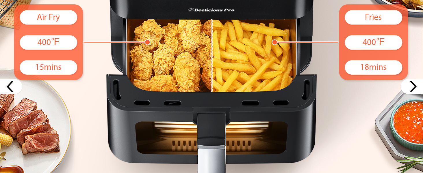 Beelicious Large Air Fryer, 12-in-1 Digital Airfryer with Window, 5.8Qt, 40+ Recipes, Flavor-Lock Tech, Dishwasher Safe,Shake Reminder, Compact, Quiet, Nonstick Air Fryers. Black detail 4