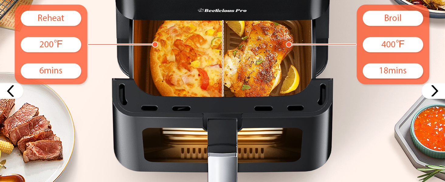 Beelicious Large Air Fryer, 12-in-1 Digital Airfryer with Window, 5.8Qt, 40+ Recipes, Flavor-Lock Tech, Dishwasher Safe,Shake Reminder, Compact, Quiet, Nonstick Air Fryers. Black detail 5