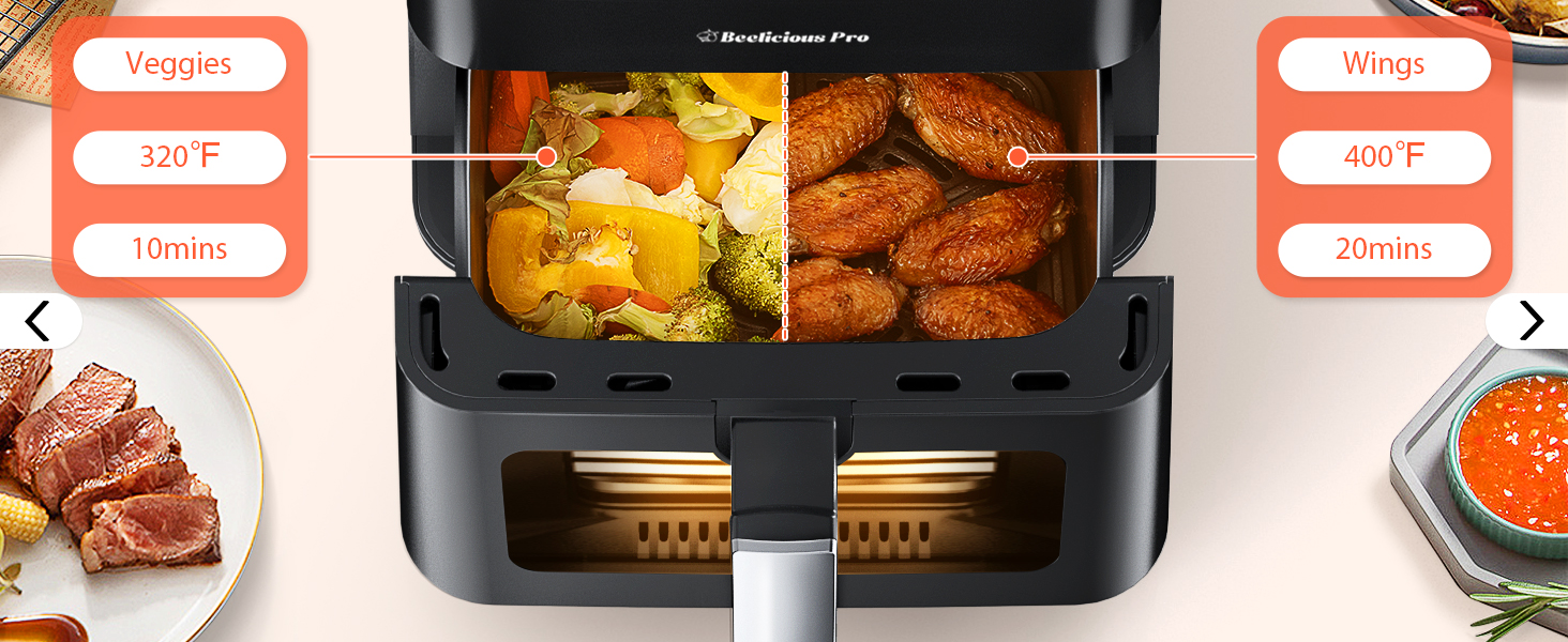 Beelicious Large Air Fryer, 12-in-1 Digital Airfryer with Window, 5.8Qt, 40+ Recipes, Flavor-Lock Tech, Dishwasher Safe,Shake Reminder, Compact, Quiet, Nonstick Air Fryers. Black detail 7